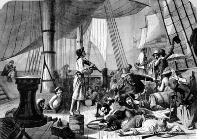 Escena en la cubierta de un barco pirata. Grabado del siglo XIX de Unknown artist