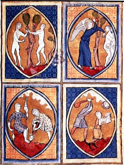 Escenas de la Biblia representadas en mandorlas. Arriba Adán y Eva recogiendo el fruto prohibido, luego cazando del cielo. Abajo Adán trabaja la tierra y Eva da la lana, Caín y Abel. Miniatura de un manuscrito del siglo XIII de Unknown artist