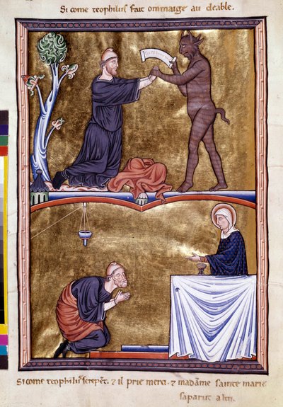 Escenas de la vida del monje San Teófilo el Penitente (siglo VI). Llamó al diablo para sacarlo de la mendicidad. Hizo penitencia por el resto de su vida. Miniatura del "Salterio de Ingeburg de Dinamarca", circa 1210. Biblioteca Sainte Genevieve de Unknown artist