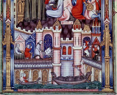 Escenas de construcción y navegación en París en la Edad Media. Miniatura del manuscrito 
