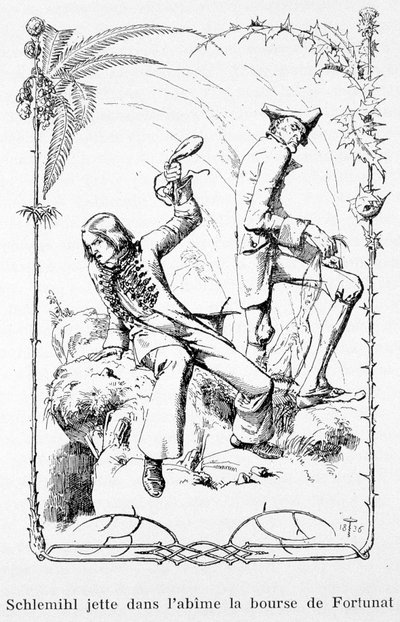 Schlemihl arroja la bolsa de Fortunat al abismo - en “La maravillosa historia de Pierre Schlemihl” de Aldebert Von Chamisso de Unknown artist