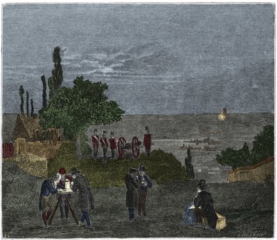Experimento científico: el cálculo de la velocidad del sonido, por Humboldt, Louis-Joseph Gay-Lussac, Bouvard, Prony y Mathieu, que determinan el tiempo que transcurre entre la percepción de la luz y la de un disparo, en la noche de Unknown artist