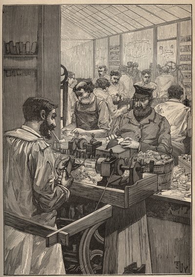 Espuma de mar: fabricación de pipas de espuma de mar. Grabado de 1885 en “Les arts et métiers illustrés” de Adolphe Bitard. de Unknown artist