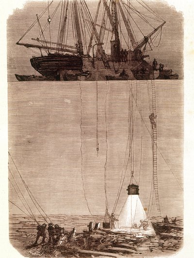 Búsqueda de galeones españoles naufragados en la Bahía de Vigo en 1702. Página tomada de Emporio Picturesco 1871 de Unknown artist