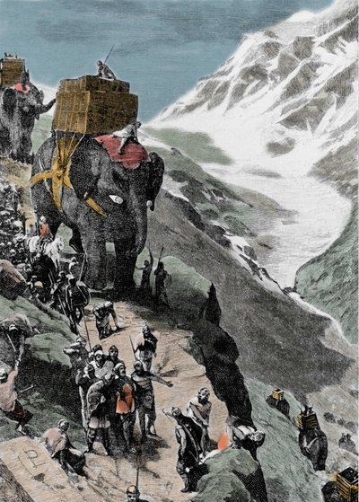 Segunda Guerra Púnica. El ejército de Aníbal Barca cruzando los Alpes, 218 a.C. Grabado italiano del siglo XIX. de Unknown artist