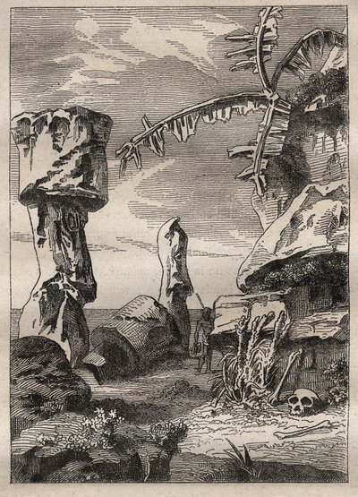 Segundo viaje (1772-1775) del Capitán James Cook (1728-1779): monumentos de la Isla de Pascua (estatuas monumentales, moai) - ilustración tomada de 