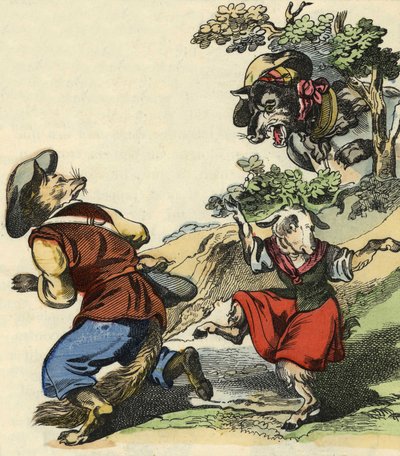 Viendo al lobo, el Maestro Zorro huyó, dejando a la Pequeña Cabrita en peligro. Ilustración del cuento "Bon medor y la Pequeña Cabrita". En "Cuentos del hogar para los pequeños". Grabado anónimo del siglo XIX de Unknown artist