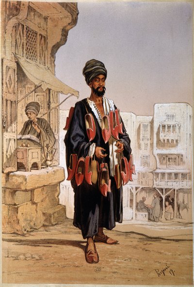 Vendedor de zapatillas y fumador de hookah en Egipto de Unknown artist
