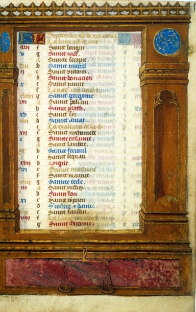 Calendario de septiembre con el signo de Libra - Miniatura de la Edad Media: Solicitar permiso a la Biblioteca Municipal de Toulouse (tel: 05 62 27 66 66) de Unknown artist