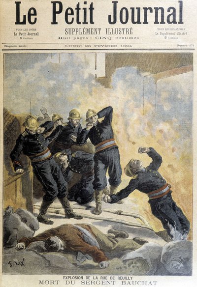 Sargento Bauchat murió durante los bomberos después de la explosión de la rue de Reuilly. Ilustración del “Pequeño Diario” de 1894 de Unknown artist