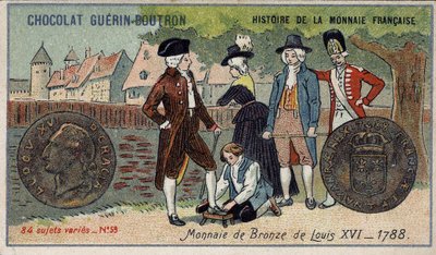 Serie Histoire de la Monnaie Française publicada por Chocolat Guérin Boutron. Cromolitografía del siglo XIX. Moneda de bronce de Luis XVI en 1788 de Unknown artist