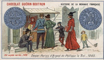 Serie Historia de la Moneda Francesa publicada por Chocolat Guérin Boutron. Cromolitografía del siglo XIX. Denier de plata de Felipe el Hermoso en 1285 de Unknown artist