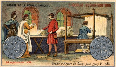Serie Historia de la Moneda Francesa publicada por Chocolat Guérin Boutron. Cromolitografía del siglo XIX. El Denier de Plata de Reims bajo Luis V en 986 de Unknown artist
