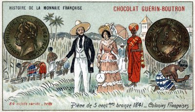 Serie Historia de la Moneda Francesa publicada por Chocolat Guérin Boutron. Cromolitografía del siglo XIX. Moneda de bronce de 5 centavos en 1841. Colonias francesas de Unknown artist