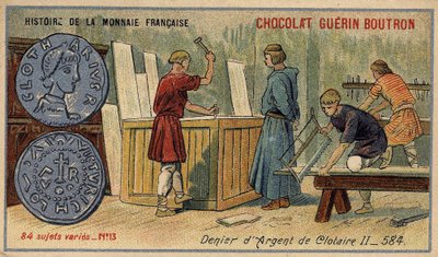Serie Historia de la Moneda Francesa publicada por Chocolat Guérin Boutron. Cromolitografía del siglo XIX. Denier de plata de Clotario II en 584 de Unknown artist