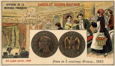 Serie Historia de la Moneda Francesa publicada por Chocolat Guérin Boutron. Cromolitografía del siglo XIX. Moneda de bronce de 5 centavos en 1860. Napoleón III de Unknown artist