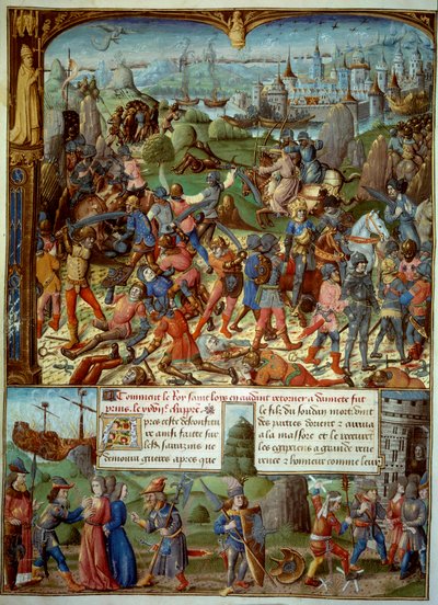 Séptima Cruzada (1248-1254). Arriba, Luis IX (San Luis) (1215-1270), Rey de Francia, con los cruzados después de ser derrotados por los sarracenos en Mansourah en 1250. Se retiraron detrás de las torres de Damasco. Luis IX y sus dos hermanos son tomados pr de Unknown artist