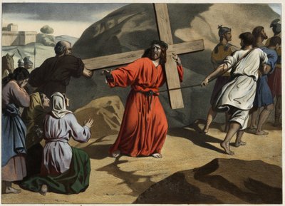 Ella subió al Calvario: Jesús cargando su cruz consuela a las hijas de Jerusalén. Grabado anónimo de mediados del siglo XIX. de Unknown artist