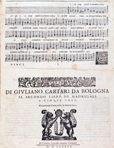 Página de partitura de los Madrigales (2º libro) de Giuliano Cartari de Bolonia de Unknown artist
