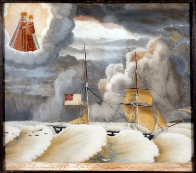 Barco "La belle Emilie" en dificultad - pintura sobre madera, exvoto de Notre Dame de Laghet, 44x37 cm de Unknown artist