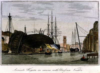 Barco con el casco dañado. Fragata veneciana cuyo casco está siendo reparado en el arsenal. Grabado del siglo XIX. de Unknown artist