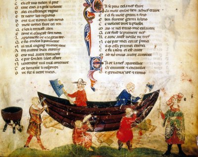 Construcción naval y calafateo en el siglo XIII. Miniatura del “Roman de Troy” de Benoit de Saint Maure. Siglo XIV Biblioteca Marciana, Venecia de Unknown artist