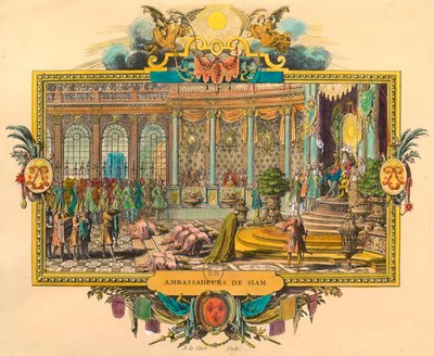 Embajadores de Siam en la Corte del Rey Luis XIV en 1686. Grabado. Colección privada de Unknown artist