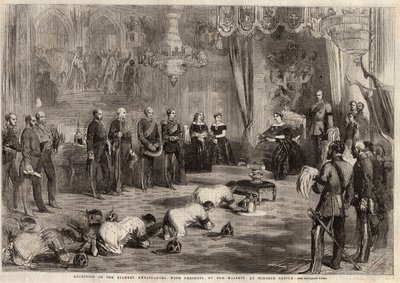 Embajadores de Siam arrastrándose ante la Reina Victoria I (1819-1901) y el Príncipe Alberto (1819-1861) durante su visita al Castillo de Windsor. Grabado en “The Illustrated London News” del 5 de diciembre de 1857. de Unknown artist