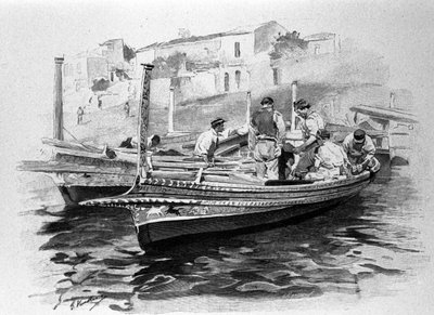 Pescadores sicilianos de la región de Lipari. Grabado del siglo XIX. de Unknown artist