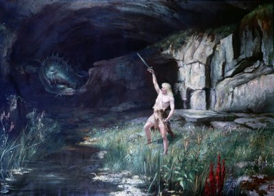 Siegfried, enfrentando al dragón Fafner, blandió su espada. Escena de la ópera 