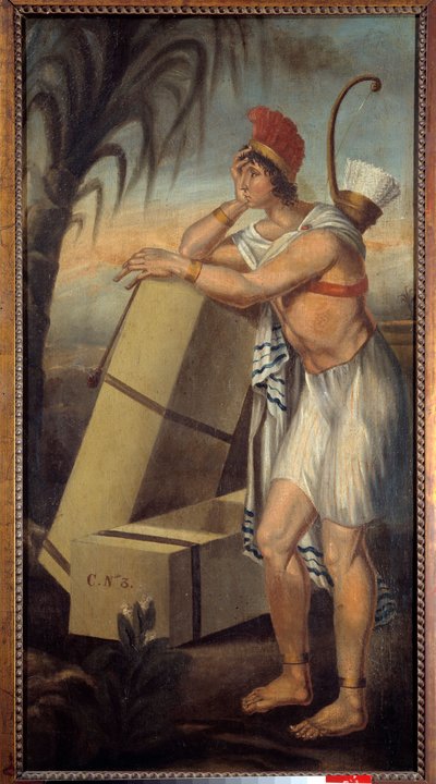 Letrero de vendedores de tabaco representando a un indio americano apoyado en cajas de tabaco listas para ser enviadas en barcos exportando productos del Nuevo Mundo de Unknown artist