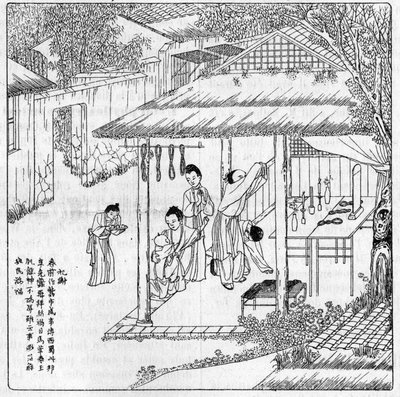 Seda y gusano de seda en China: gracias a la diosa de la seda. Grabado en "La Nature: revue des sciences et de leurs applications aux arts et a l