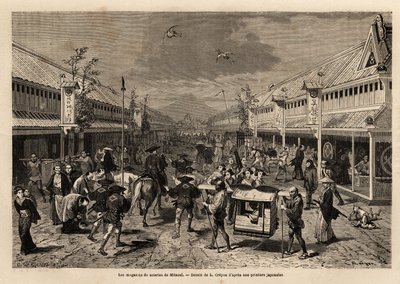 Tiendas de seda en Mitsoui, Yedo (o Edo, actual Tokio), animadas, y al fondo, la silueta del monte Fuji. Grabado para ilustrar el viaje a Japón, en 1863-1864, por Aime Humbert, ministro de la Confederación Suiza, en “Le tour du monde, nouveau journal des v de Unknown artist