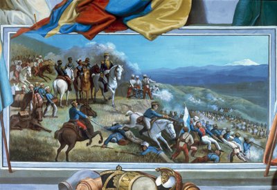 Simón Bolívar liderando las tropas rebeldes contra las fuerzas españolas de Agustín Agualongo, fresco en el ayuntamiento de Ibarra, Ecuador de Unknown artist