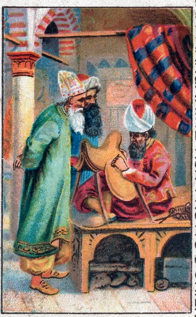 Sindbad hace una silla de montar. Las maravillosas aventuras de Sinbad (Sindbad) el marinero. Cuento popular de 1001 noches (mil y una noches). Cromolitografía de finales del siglo XIX. de Unknown artist