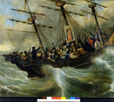 Naufragio de un barco de emigrantes suizos. Exvoto de 1856 del santuario de la Madonna del Sasso en Locarno. Pintura atribuida a Giovanni Antonio Vanoni de Unknown artist