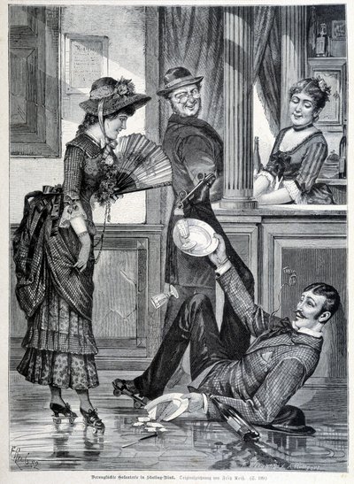 Escena de patinaje en una cervecería. Un niño cae y rompe los platos que llevaba (1883). de Unknown artist