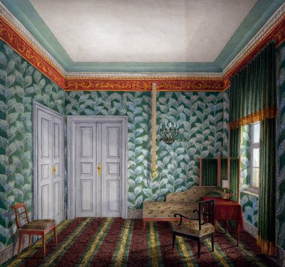 Pequeña sala de día con papel tapiz verde y follaje de Unknown artist