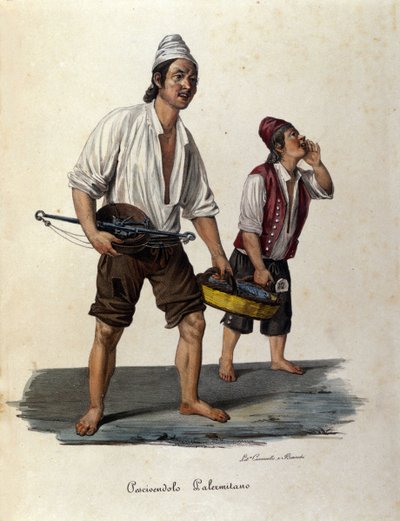 Pequeños oficios de la calle: vendedores de peces ambulantes. Sicilia, grabado del siglo XIX de Unknown artist