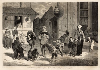Pequeños saltimbanquis realizando números acrobáticos con música en las calles de Yedo (o Edo, capital imperial, actual Tokio). Grabado para ilustrar el viaje a Japón, en 1863-1864, por Aime Humbert, ministro de la Confederación Suiza, en 