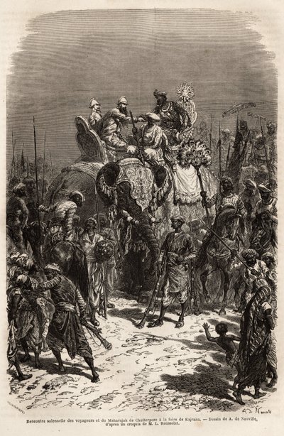 Reunión solemne y saludo sobre el lomo de un elefante, entre el equipo de viajeros y el Maharajá de Chutterpore, en la feria de Kajraha. Grabado para ilustrar el viaje en India de los Rajás, por Louis Rousselet, en 1864-1868, publicado en "Le tour du monde de Unknown artist