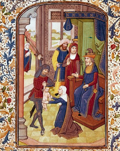 El juicio de Salomón. Dos mujeres pretenden ser la madre del mismo niño. Miniatura de un manuscrito del siglo XV. Biblioteca de la Universidad de Coimbra de Unknown artist
