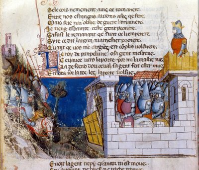 Cantar de gesta: un ejército se prepara para atacar al ejército enemigo refugiado en un castillo y protegido por el puente levadizo. Miniatura del manuscrito franco-italiano 