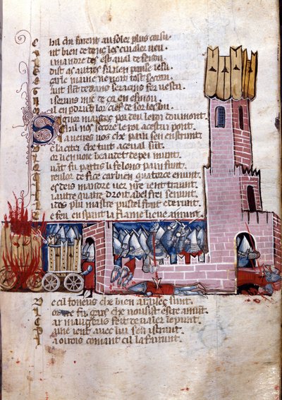 Cantar de gesta: escena de combate cerca de una ciudad fortificada (probablemente la conquista de España por el ejército de Carlomagno). Miniatura del manuscrito franco-italiano 