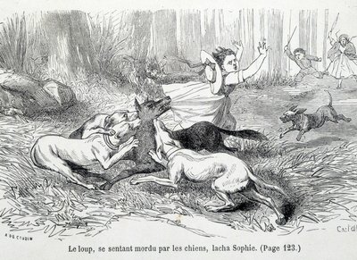 Sophie y el lobo - en "Las desventuras de Sophie" por la Condesa de Ségur, Hachette de Unknown artist
