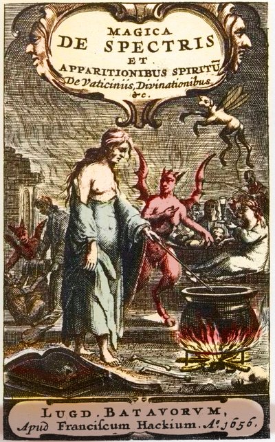 Hechiceras preparando pociones observadas por demonios, frontispicio de “Magica de spectris et apparitionibus spiritu de vaticiniis, divinationibus”, por Henningus Grosius de Unknown artist