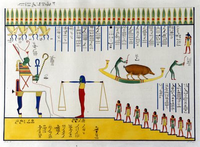 Las almas son pesadas por Osiris y dependiendo del juicio vuelan para unirse a los espíritus libres o regresan a cuerpos animales para reanudar el ciclo fatal de migraciones. Tumba de Biban-el. Moluk de Unknown artist