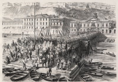 Guerra Hispanoamericana entre Chile y España, septiembre de 1865: las damas de Valparaíso, en presencia de la escuadra española bloqueando el puerto, cantan himnos patrióticos - Grabado en “El Mundo Ilustre” de Unknown artist