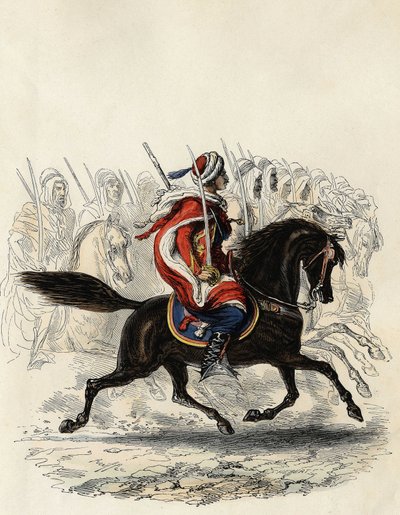 Spahis (cuerpo de caballería india del ejército francés) compuesto principalmente por jinetes árabes entrenados para la provincia de Argel en 1834, de Orán en 1836 y Bone en 1835, en “L