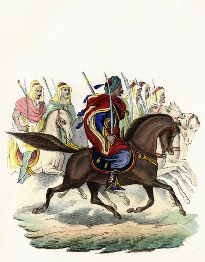 Spahis, un cuerpo de caballería indígena del ejército francés de África, compuesto principalmente por jinetes árabes, formado para las provincias de Argel en 1834, Bone en 1835 y Orán en 1836. En "Storia d